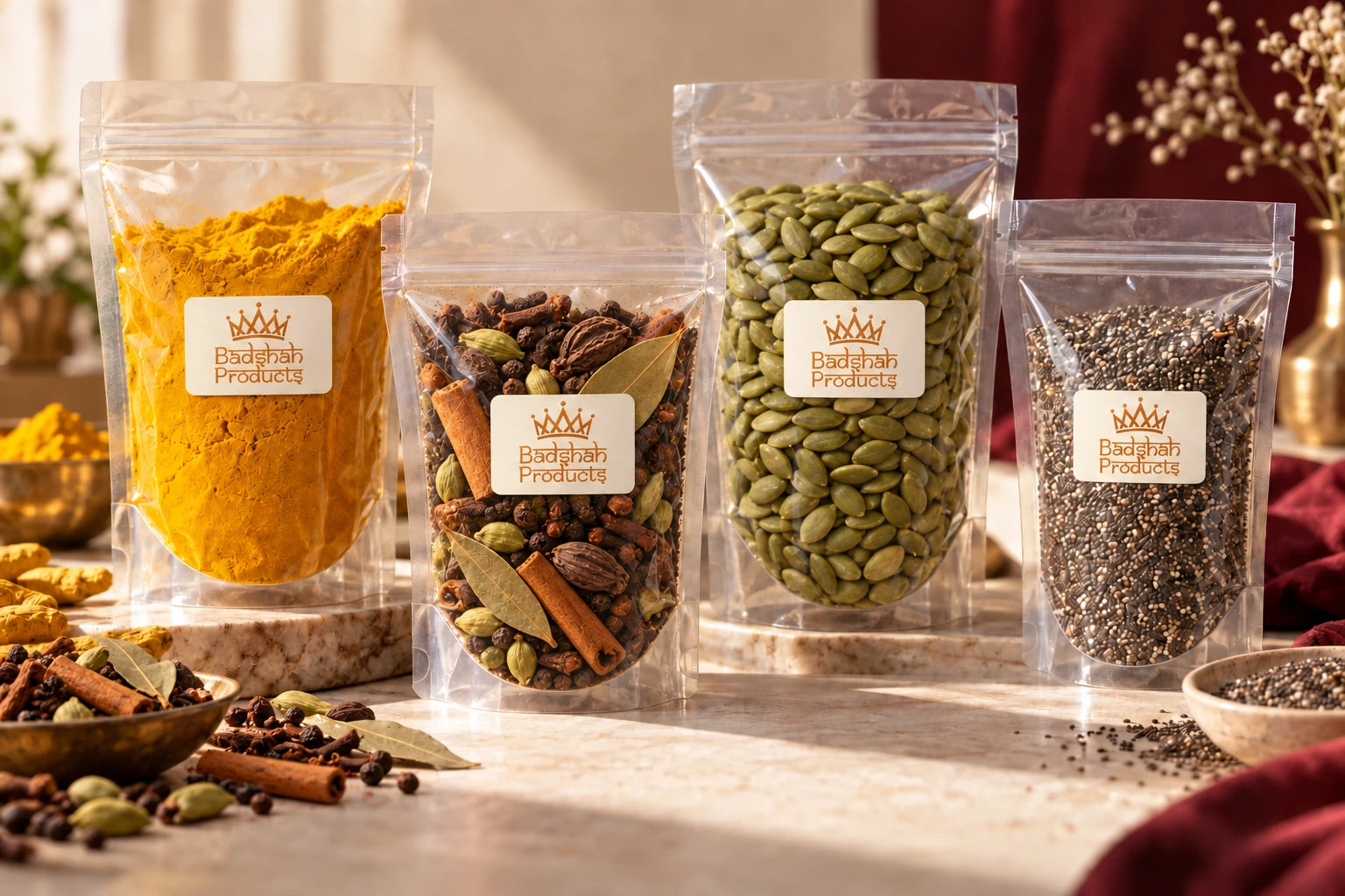 Badshah Products transparent packs of turmeric, whole garam masala, pumpkin seeds and chia seeds